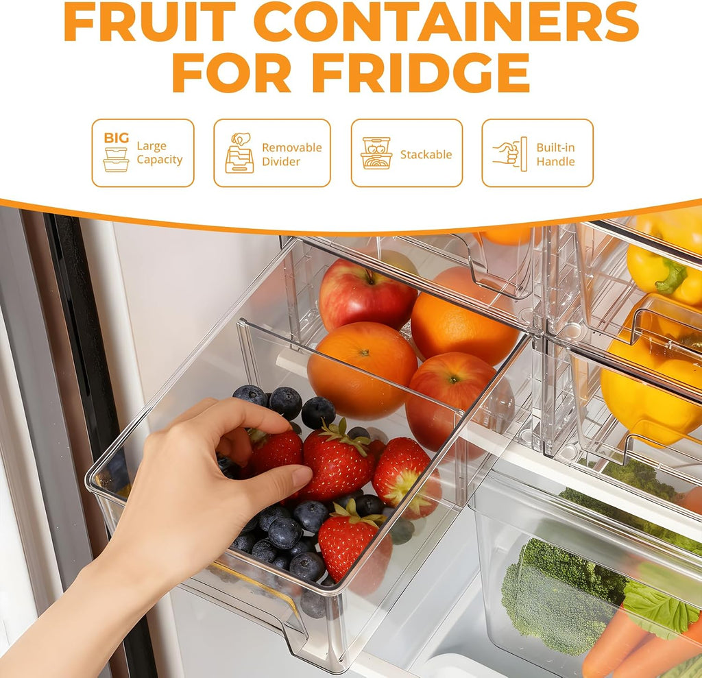 4 Pack Stackable Storage Drawers with Handles, Easy Assembly Clear Acrylic Fridge Organizer, Refrigerator Organizers and Storage for Kitchen, Under Sink, Pantry, Bathroom