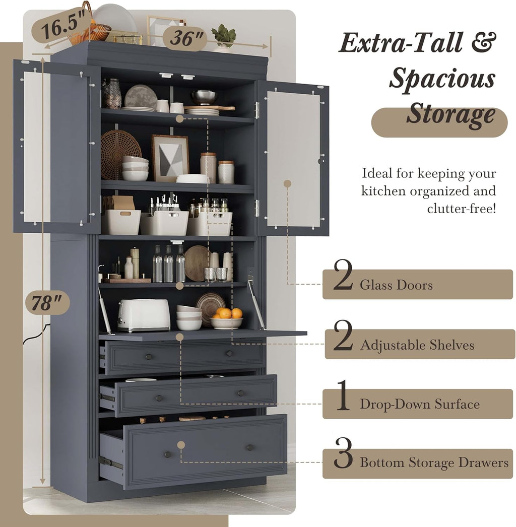 78” Kitchen Cabinet Pantry with 3 Drawers, Food Storage Cabinet with Power Outlet & Shelves, Food Pantry for Kitchen Dining Room, Easy Assembly (Grey)