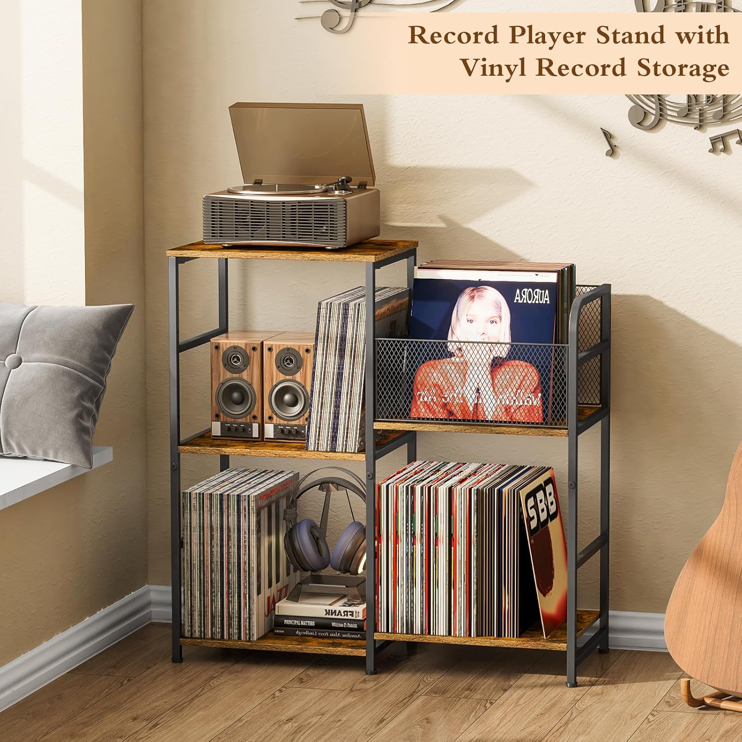 ThreeHio Record Player Stand, Turntable Stand with Vinyl Storage Holds up to 300+ Albums, Storage Cabinet for Vinyl Records, Record Player Table for Living Room