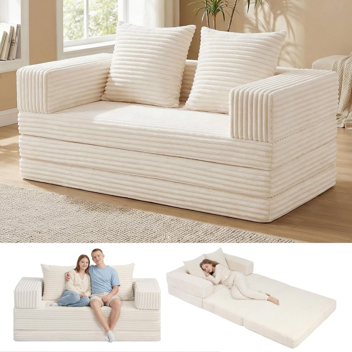 Convertible Sofa Bed, 4-in-1 Boneless Loveseat with Removable Armrests Backrest, Corduroy Futon Couch Bed with Pillow, Foldable Mattress Sleeper Sofa for Living Room Bedroom Small Place (Beige)
