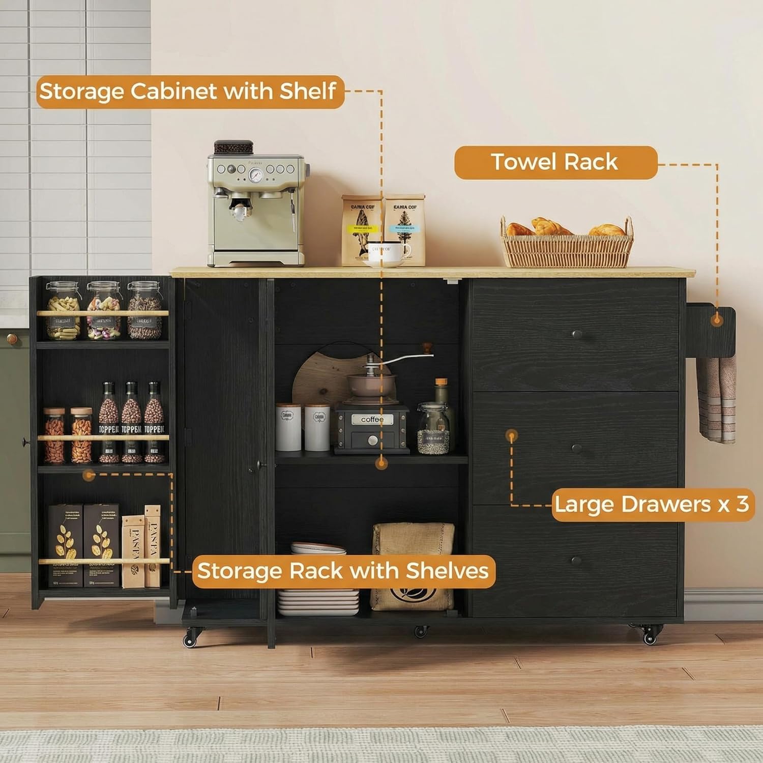 IRONCK Kitchen Island with Storage, 47.2in Rolling Island on Wheels, Kitchen Cart with Drop Leaf, 3 Spacious Drawers, Storage Cabinets and Towel Rack for Home, Dining Room