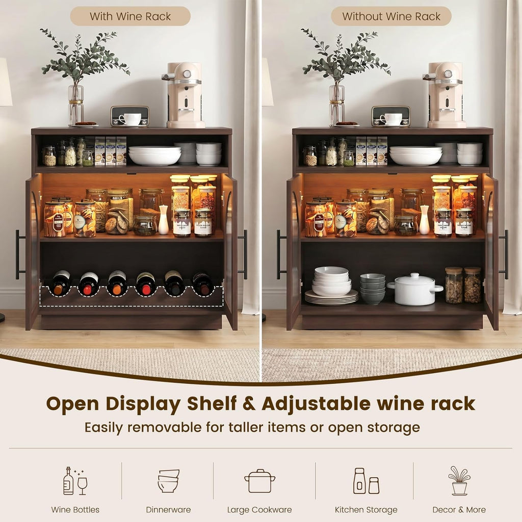 Sideboard Buffet Cabinet with Storage, 31.5" Coffee Bar Cabinet with LED Lights & Removable Wine Rack, Small Accent Cabinet with Arched Glass Doors for Kitchen/Living Room/Entryway/Dining Room, Brown