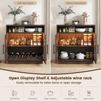 Sideboard Buffet Cabinet with Storage, 31.5" Coffee Bar Cabinet with LED Lights & Removable Wine Rack, Small Accent Cabinet with Arched Glass Doors for Kitchen/Living Room/Entryway/Dining Room, Brown