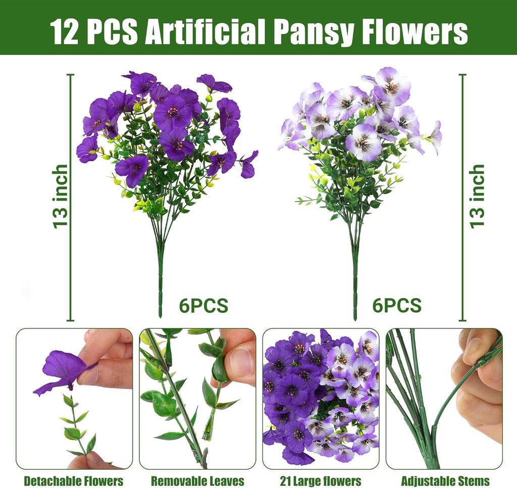 Artificial Pansy Flowers for Outdoors 12 Bundles Realistic Faux Plants UV Resistant Fake Silk Pansy with Eucalyptus for Box Planter Patio Porch Outside Spring Summer Decoration(Gradient Purple)