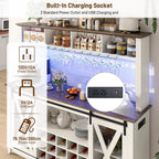 63"Wide 58"H Farmhouse Coffee Bar Cabinet with Power Outlet and LED Light,Wine Bar Cabinet w/ 4 Storage Hutch,Kitchen Buffet Cabinet with 15 Wine and Glass Racks for Kitchen Dining Room(Antique White)