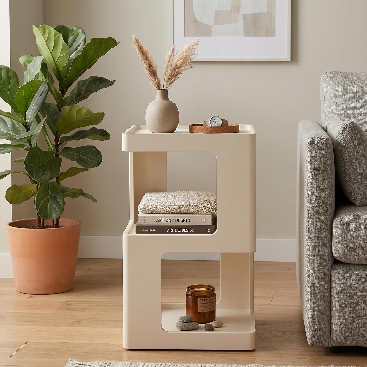 COZAYH Farmhouse Geometric Wood End Table, Distressed Accent Side Table with Two Storage Space, 3-Layer Cube Design for Bedroom, Living Room, Entryway, White