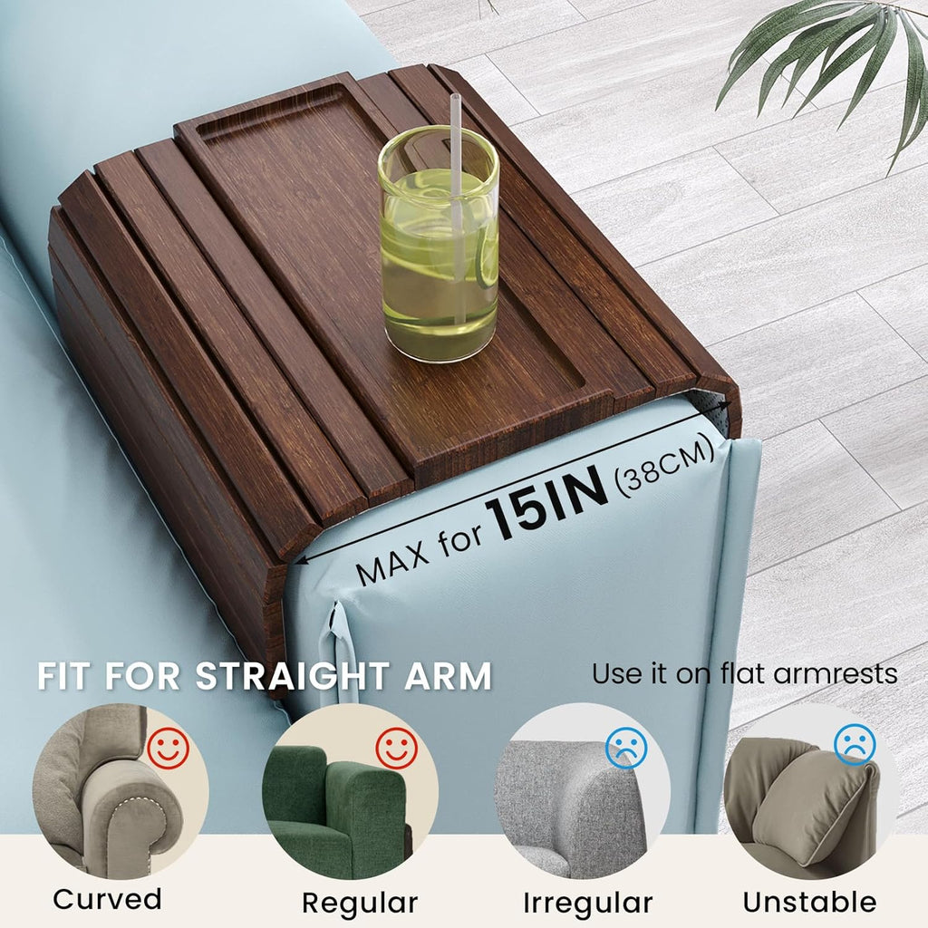 Sofa Arm Tray,Bamboo Folding Couch Arm Tray,Sofa Armrest Tray with Anti-Slip Pad for Drinks,Snacks,Phone,Remote Control（Brown）