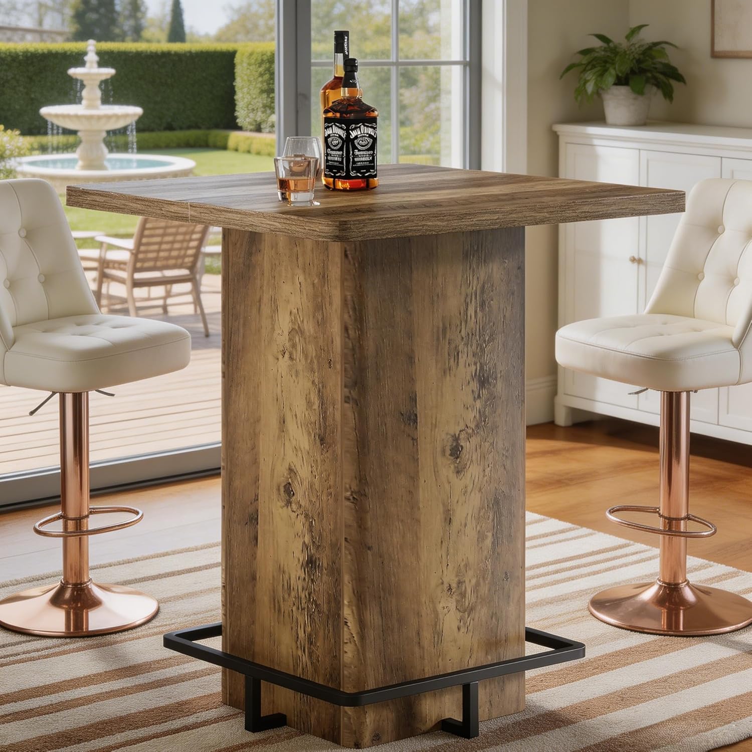 Tribesigns 39.37" Bar Height Table, Square Pub Table with Built-in Metal Footrest Ring, Sturdy Bistro Design for Kitchen, Home Bar, Small Space, Rustic Wood Grain