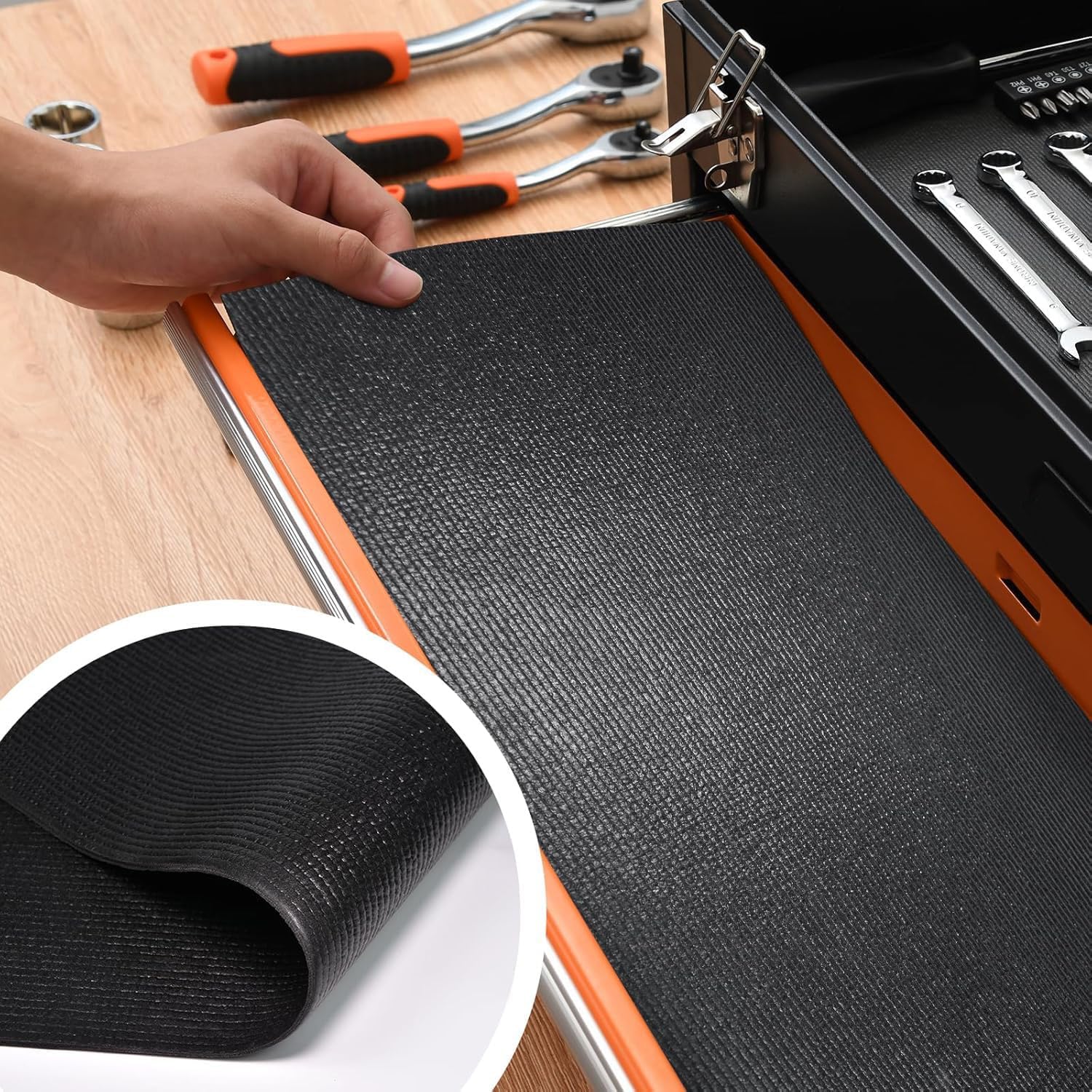 Professional Grade Tool Box Liner, Tool Box Drawer Liner 16 Ft X 16" Black Toolbox Liner,PVC Toolbox Drawer Liners, Shelf Liner Non Slip Mat, Thick Foam Cabinet Liner with Knife and Tape Measure