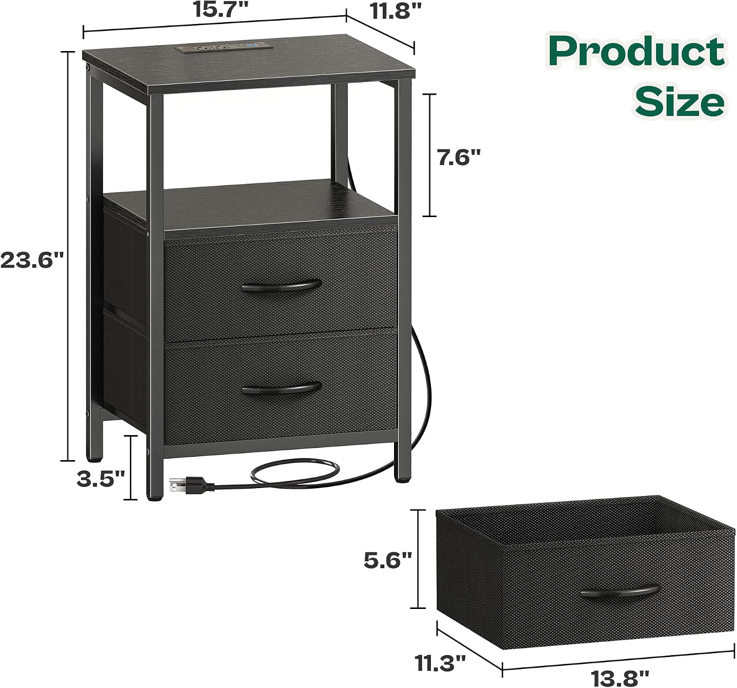 Huuger Night Stand with Charger Station and LED Lights, 2 Drawer Nightstand, Bed Side Table with Open Shelf, End Table, Fabric Drawers for Bedroom, Black