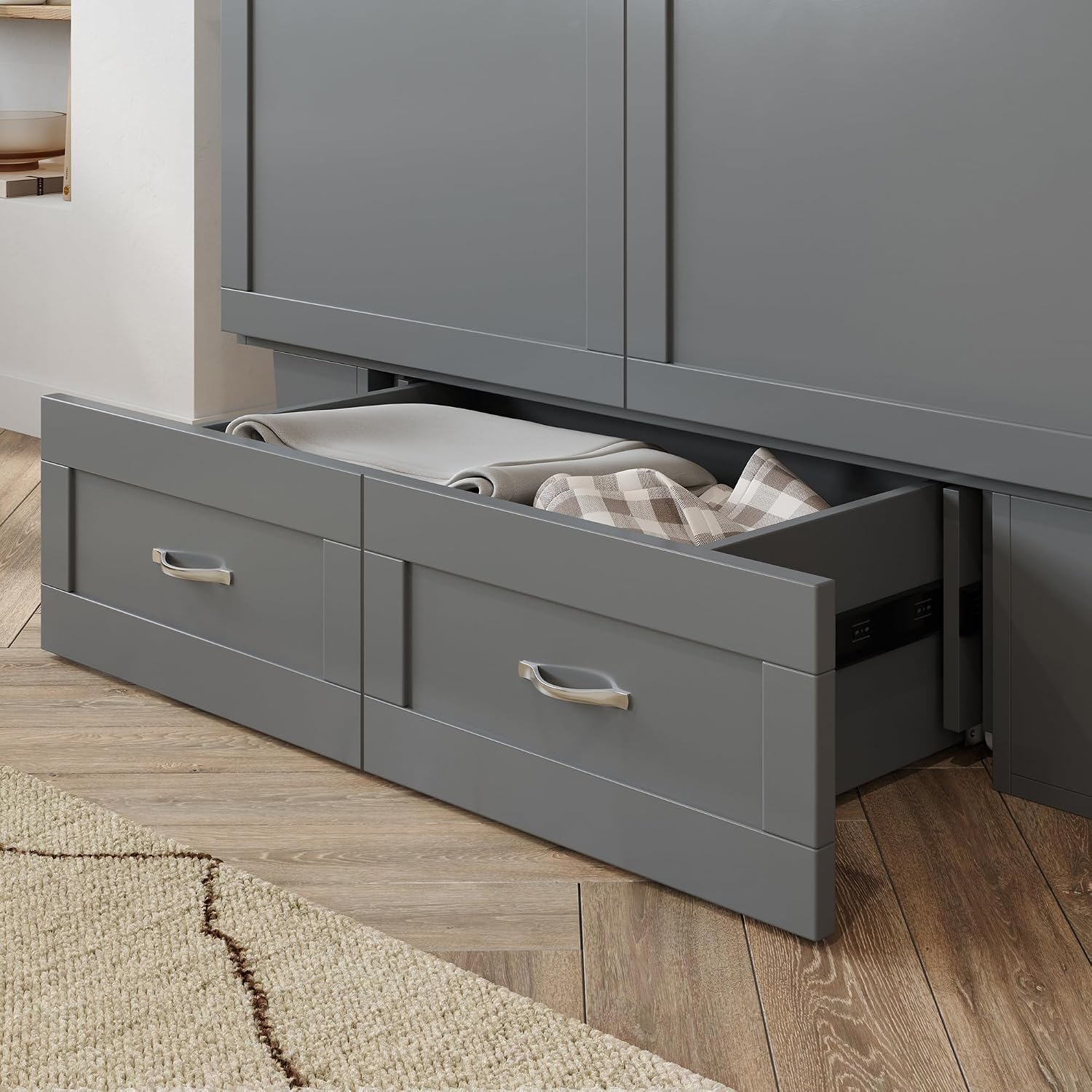 AFI, Monroe Full Murphy Bed Chest with 6" Mattress, Storage Drawer & Built-in USB Charger, Grey