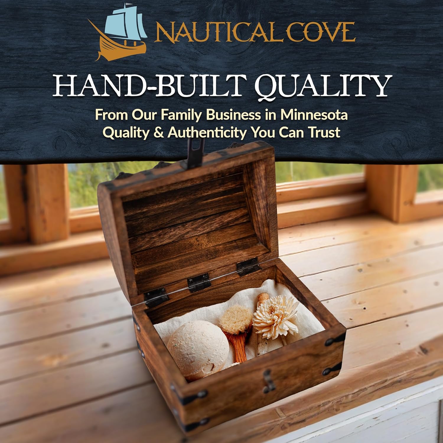 Nautical Cove Wooden Pirate Treasure Chest with Lock & Skeleton Key Small | Handmade Wooden Storage Box Kids Treasure Chest For Jewelry, Coins, Trinkets, Keepsake Gifts, Decor