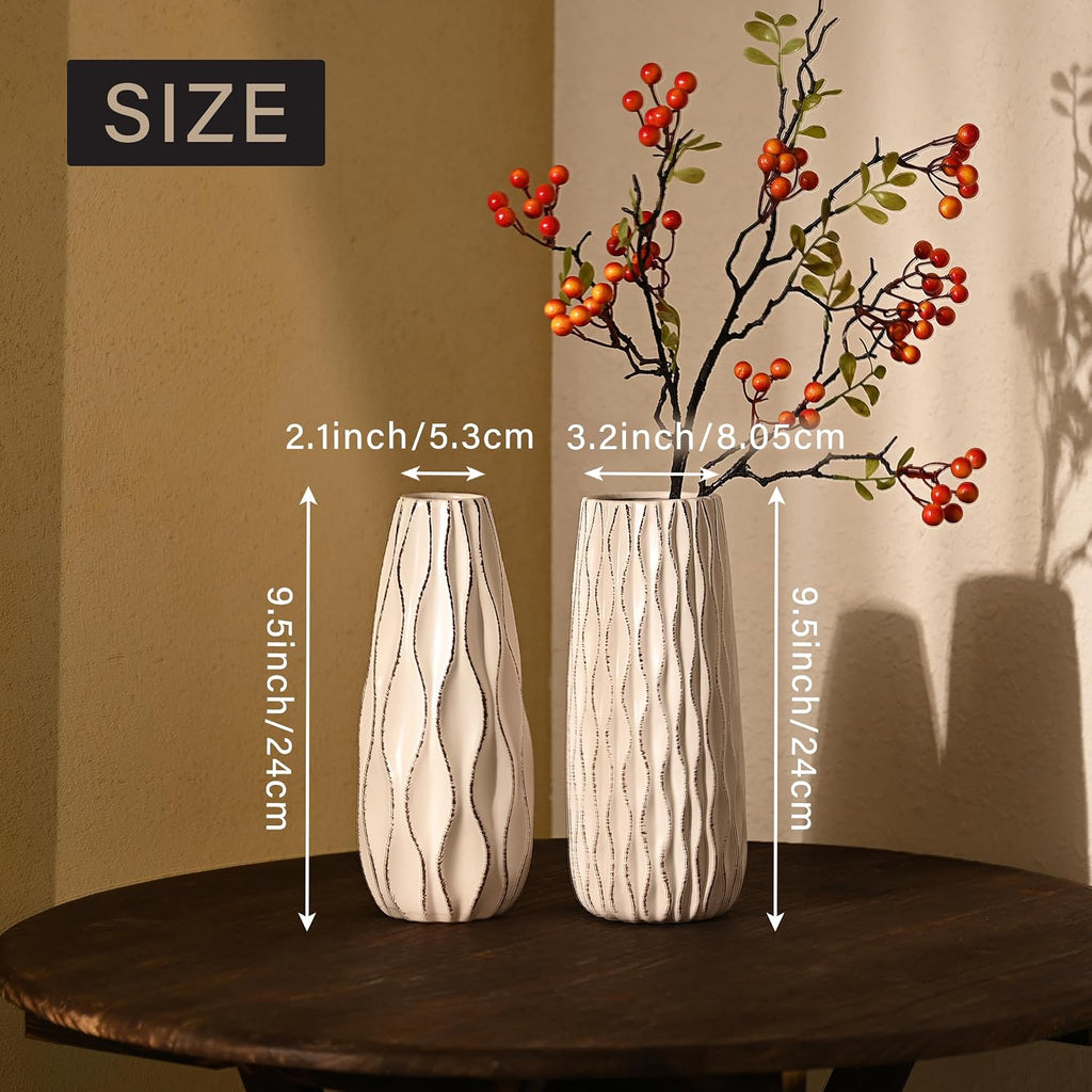 VICTOR & TERESA Ceramic Vase for Flowers, 10'' Set of 2 Decorative White Vases for Home Decor, Farmhouse Vases for Pampas Grass, Table, Mantel, Living Room, Shelf, Centerpieces, Gifts for Mom