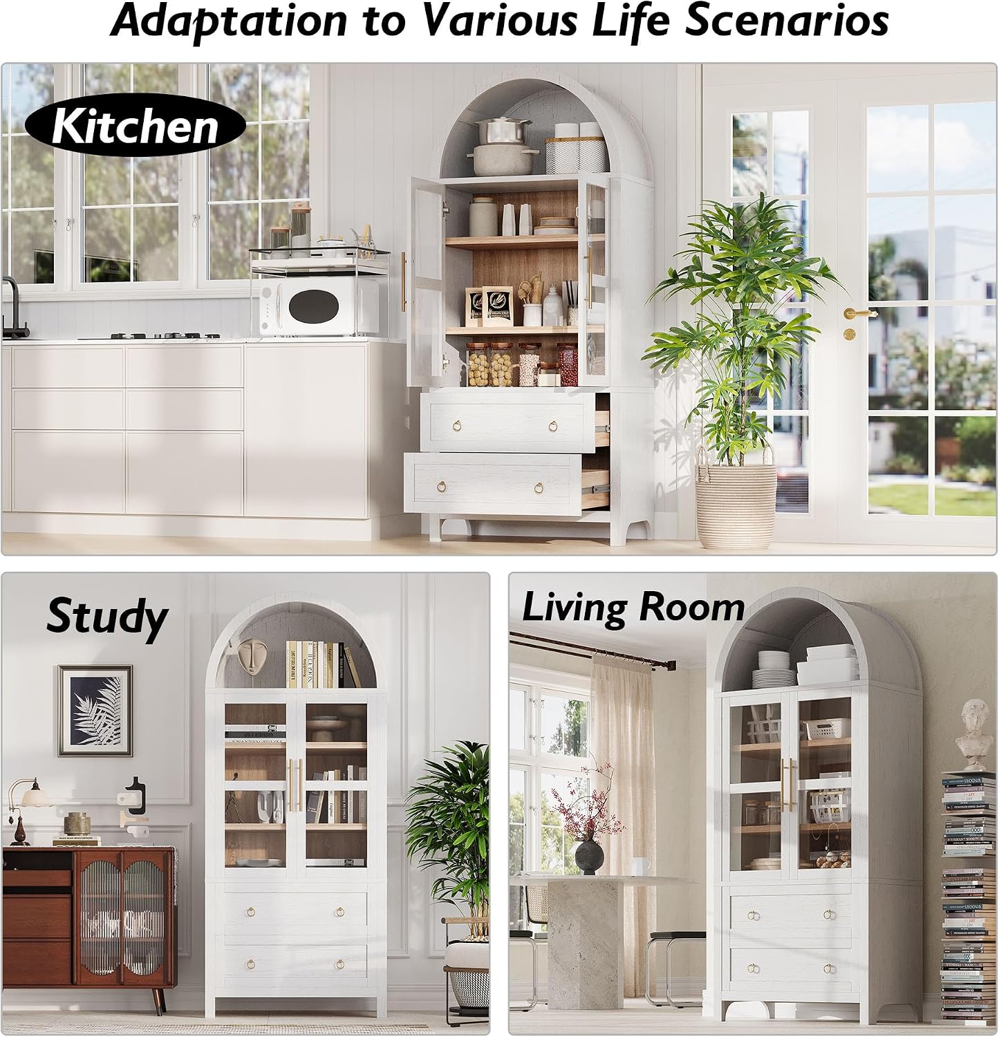 Tall Arched Cabinet with Glass Doors, Wood Kitchen Pantry & Arch Bookcase with 2 Large Drawers & Adjustable Shelves/Golden Handles for Kitchen Dining Room Living Room (White)