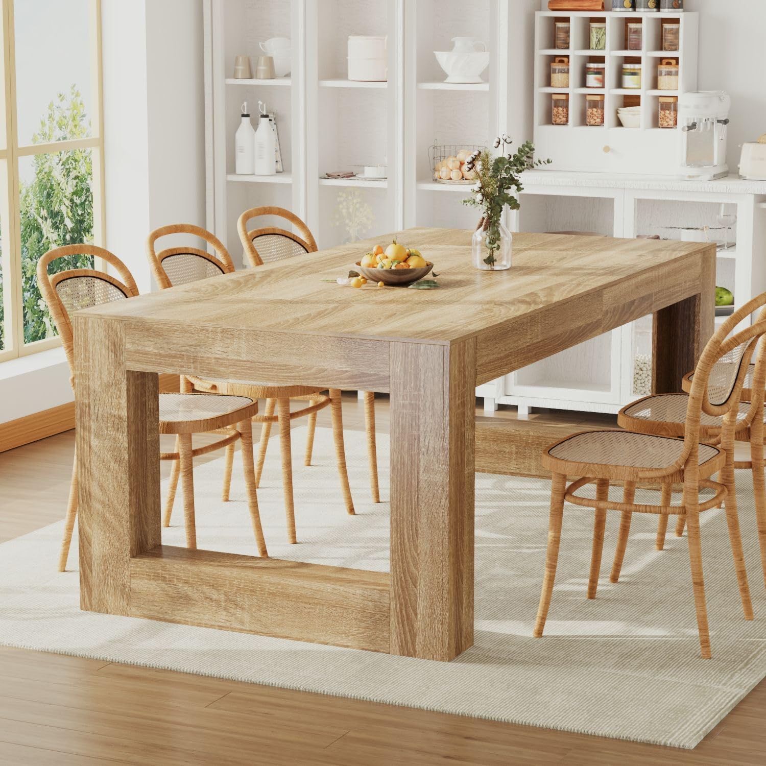 Dinner Table for 6-8 People, Kitchen and Dining Room Furniture, 78.7" Conference Desk Table with Sturdy Pedestal Base, Large Rectangular Tables for Kitchen, Dining Room, Natural