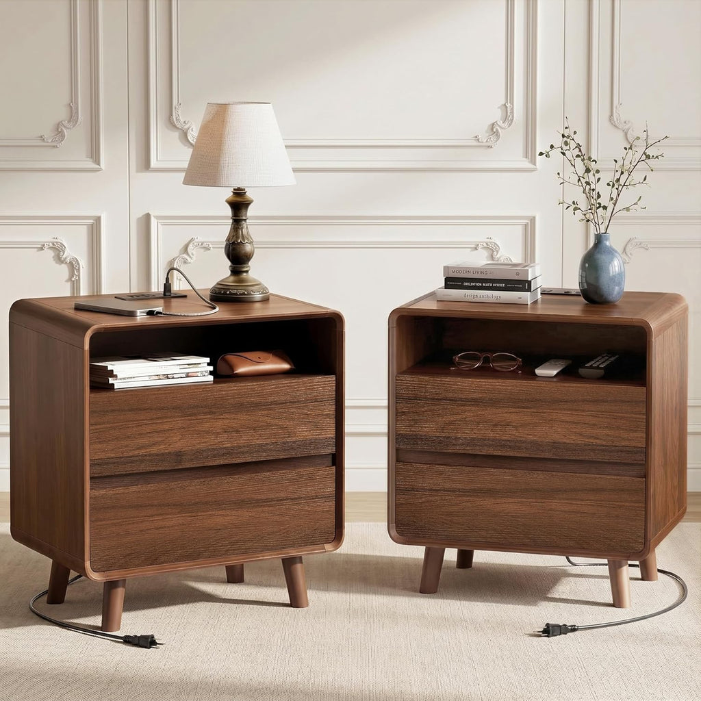 Nasonet Mid Century Modern Nightstand with Charging Station, Wood Bedroom End Tables Set of 2 Nightstands with Drawers, Bedside Table for Living Room, Curved Profile Design, Walnut
