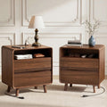 Nasonet Mid Century Modern Nightstand with Charging Station, Wood Bedroom End Tables Set of 2 Nightstands with Drawers, Bedside Table for Living Room, Curved Profile Design, Walnut