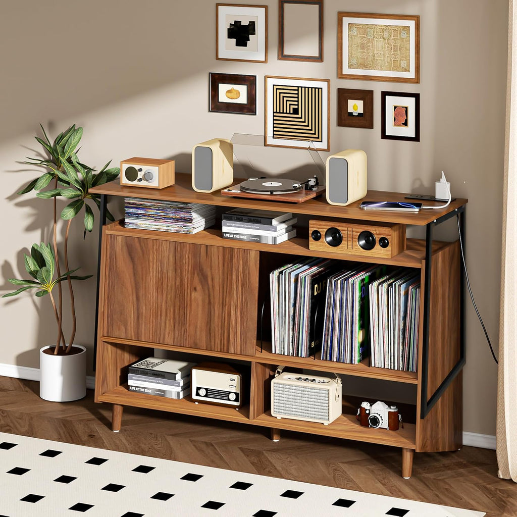 Large Record Player Stand with Charging Station, Vinyl Record Stand with Storage Holds Up to 150 Albums, Record Player Table Cabinet Turntable Stand for Living Room, Bedroom (Walnut)