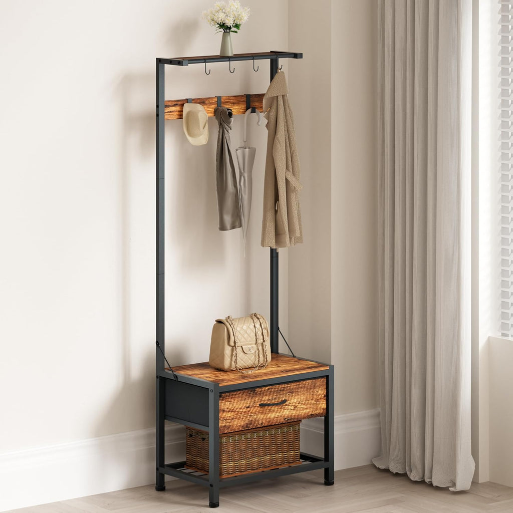 LUMTOK Hall Tree with Shoes Bench, Small Coat Rack with Fabirc Drawer and Shelf for Bedroom, 4-in-1 Entryway Organizer with Shoes Stool for Living Room, Entryway, Closets (Rustic Brown) (Brown, Small)