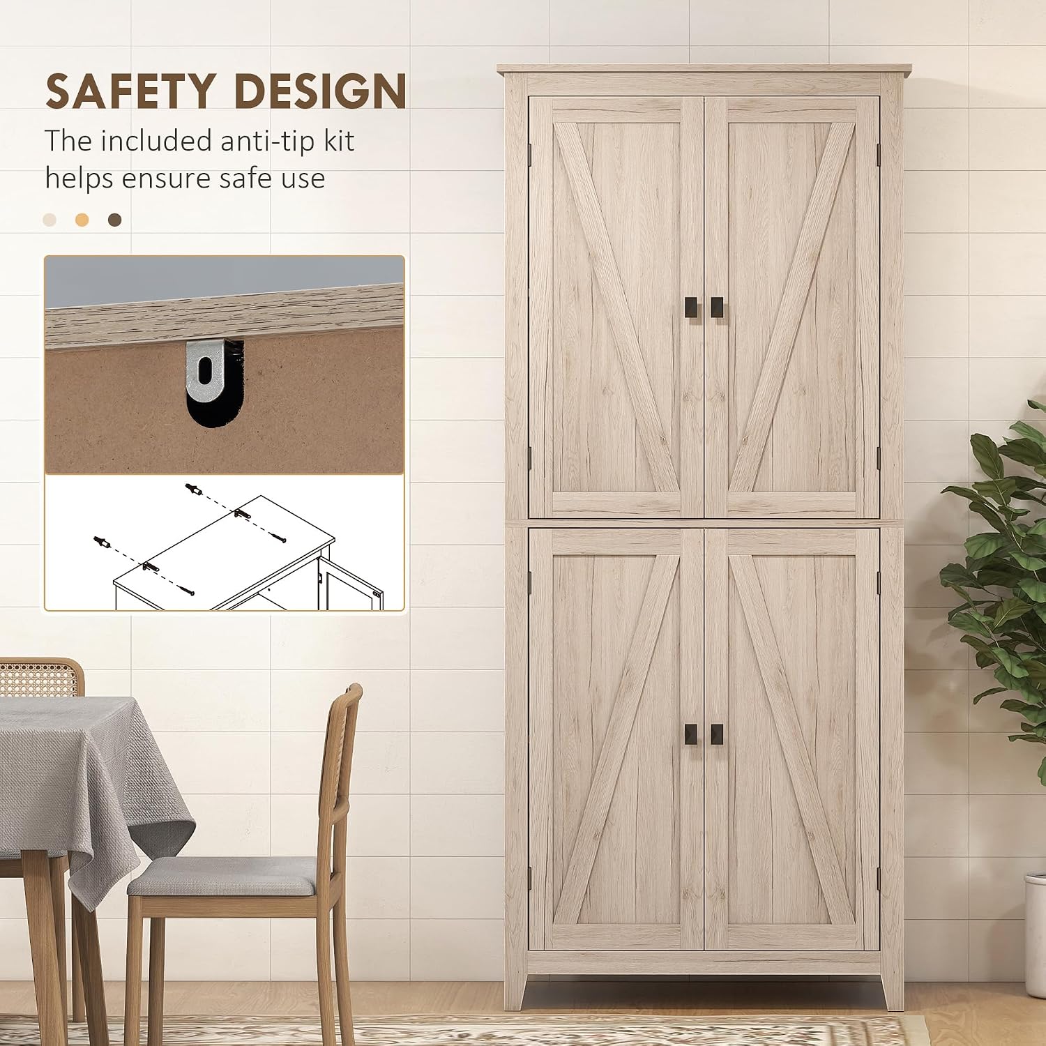 31.5" D*15.75" W*71.75" H Natural Wood Kitchen Pantry with 2 Shelves, 2 Double Doors, Farmhouse Rectangular Storage Cabinet, for Living Room, Dining Room