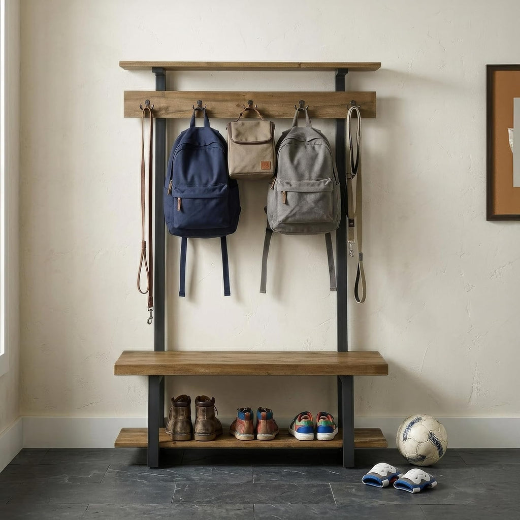 Alaterre Furniture Pomona Entryway Hall Tree – Modern Farmhouse 48-Inch Solid Wood Hall Tree with Bench, Shelves & Metal Coat Hooks – Mudroom & Foyer Storage for Jackets, Bags & Shoes (Rustic Brown)