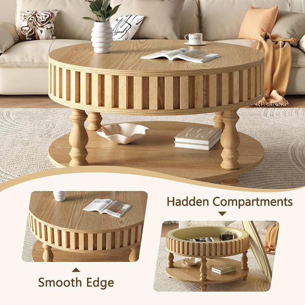 TesNus 31.5'' Round Coffee Table with Storage, Modern Wood Coffee Table for Living Room, Small Center Table with Hidden Compartment & Open Shelf, Farmhouse Boho Mid Century Coffee Tables, Natural Wood