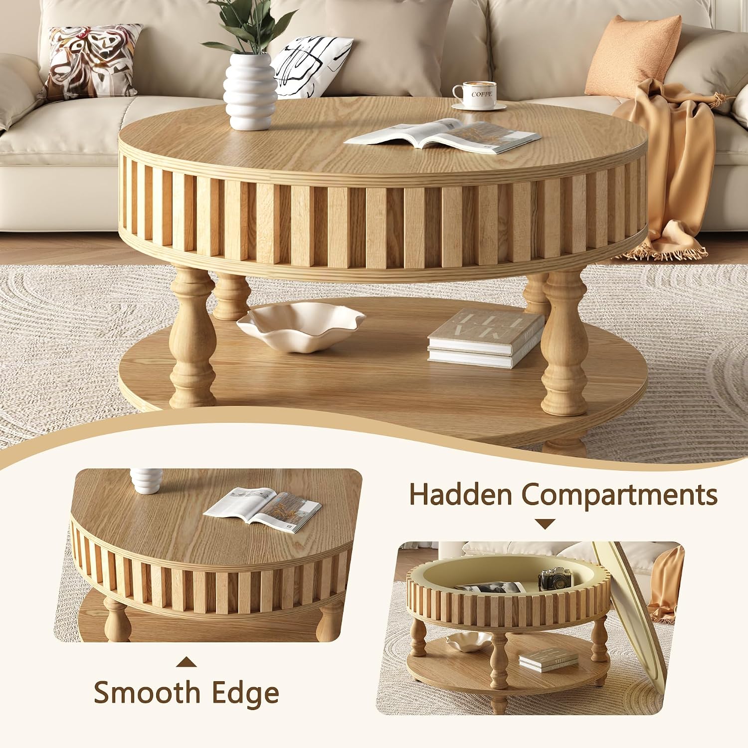 TesNus 31.5'' Round Coffee Table with Storage, Modern Wood Coffee Table for Living Room, Small Center Table with Hidden Compartment & Open Shelf, Farmhouse Boho Mid Century Coffee Tables, Natural Wood