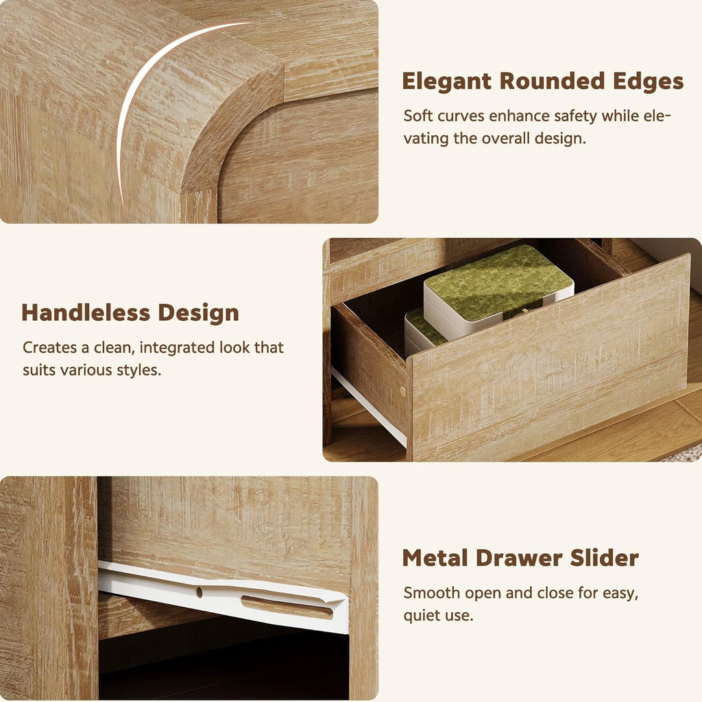 End Tables Living Room Set of 2, Bedside Table with Drawer and Storage, Set of 2, Nightstand with Charging Station, Wood End Table Curved Modern Night Stand for Bedroom, Living Room, Natural