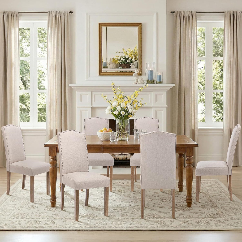 Upholstered Dining Chair Modern Stylish Parsons Kitchen Diner High Back with Silver Nailhead Trim & Wood Legs, Set of 2