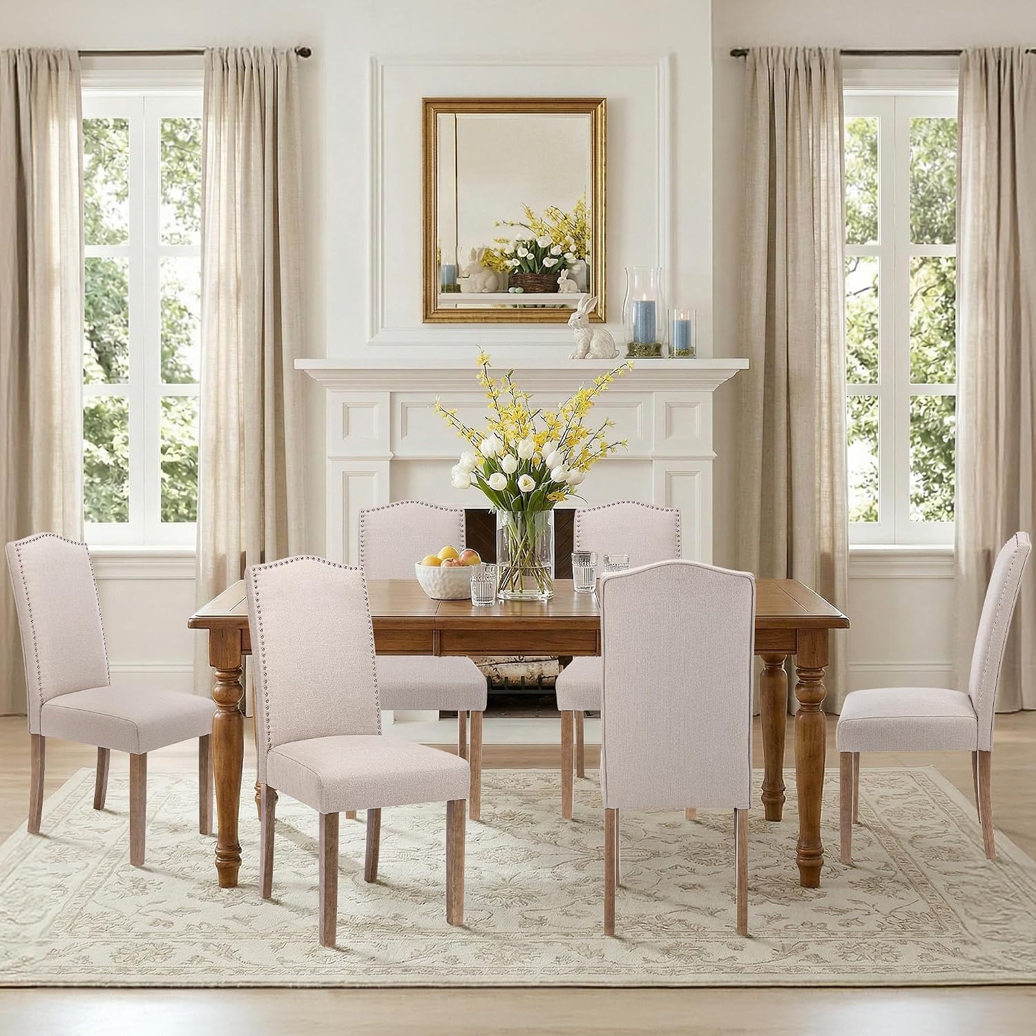 Upholstered Dining Chair Modern Stylish Parsons Kitchen Diner High Back with Silver Nailhead Trim & Wood Legs, Set of 2