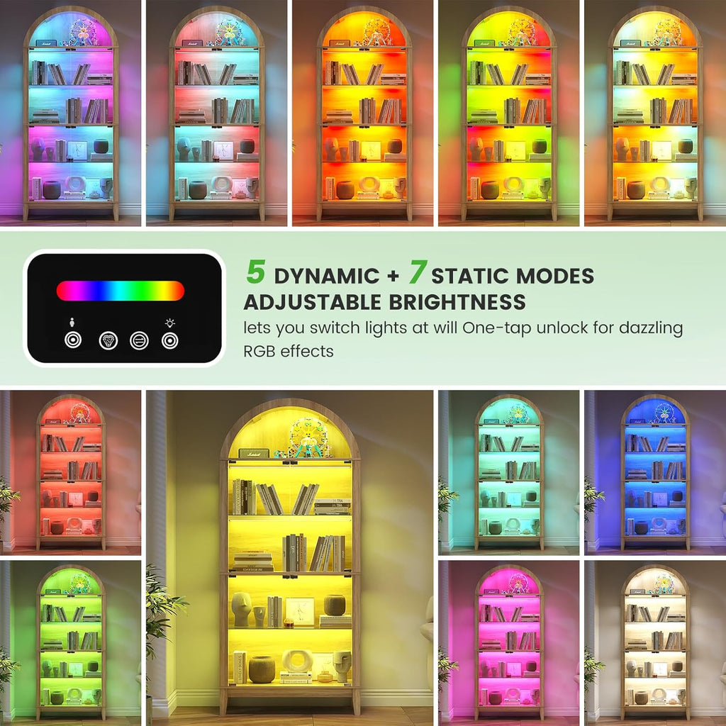 HNEBC Arched Display Case with RGB Lights, 69" Tall 5-Tier Tempered Glass Display Cabinet with Doors, LED Curio Cabinet with Shelf, Floor Standing Bookcase for Living Room(Natural)