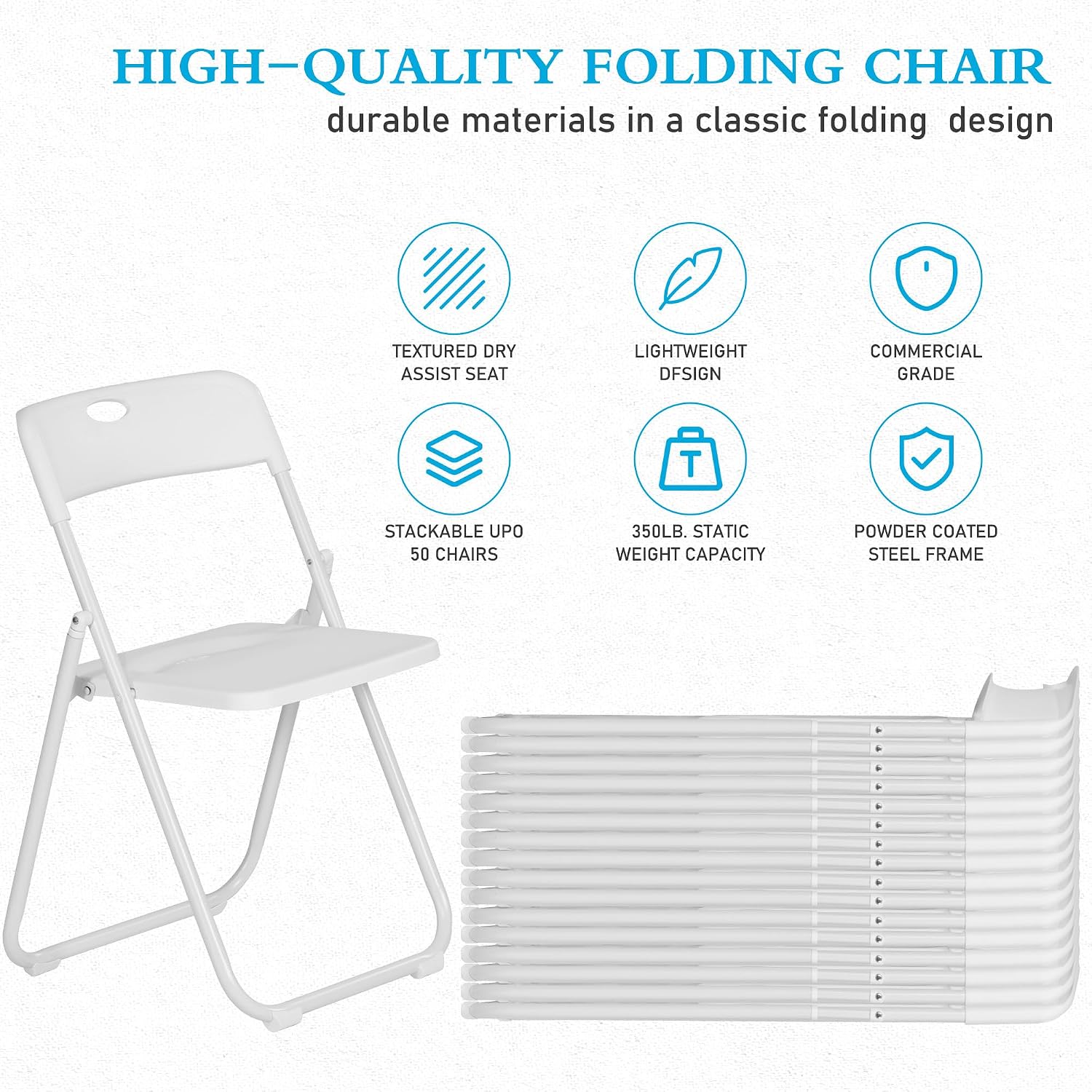 White Plastic Folding Chairs 6 Pack, Lightweight Foldable Chair with 350lbs Capacity, Metal Frame Easy to Fold & Store, Commercial Chairs for Parties Office Wedding Dinning Events