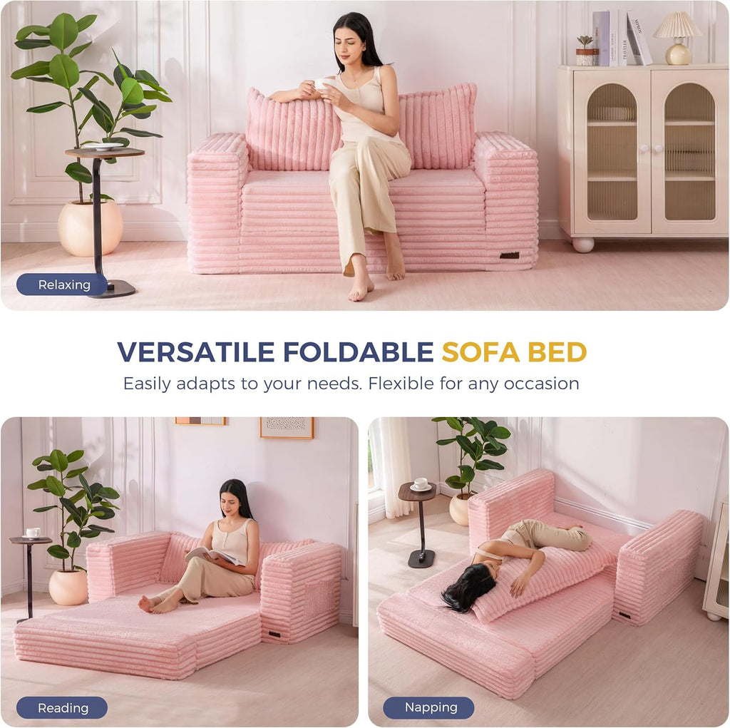 MAXYOYO Convertible Sofa Bed, 2 in 1 Folding Couch Bed for Small Space, Pull Out Loveseat Sofa Couch with Large Back Pillow, Plush Faux Fabric Lounge Couch for Living Room, Apartment, Pink