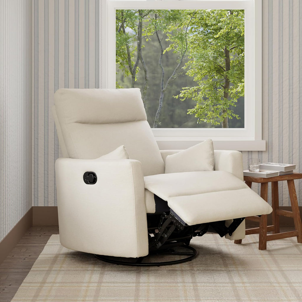 Davinci Atlas Upholstered Recliner and Swivel Glider in Vanilla | Nursery Glider Chair with High Back, Padded Armrests, and Bolster Pillows | Smooth Recline for Nursing and Feeding