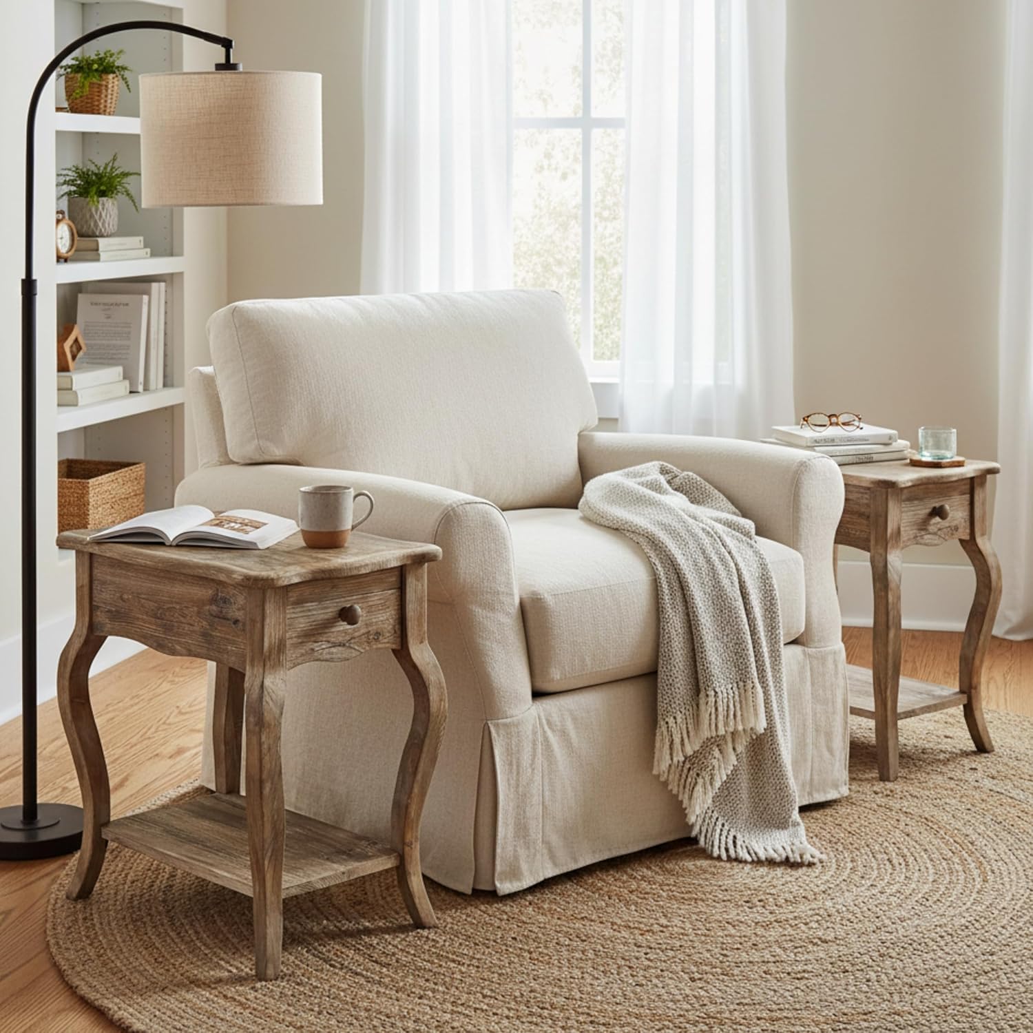Alaterre Furniture Austerity Living Room Tables – 15 Inch Narrow Chairside Table with Drawer, Shelf, Scalloped Edges, & Curved Legs – Rustic Accent Side Table in Driftwood Finish (Set of 2)