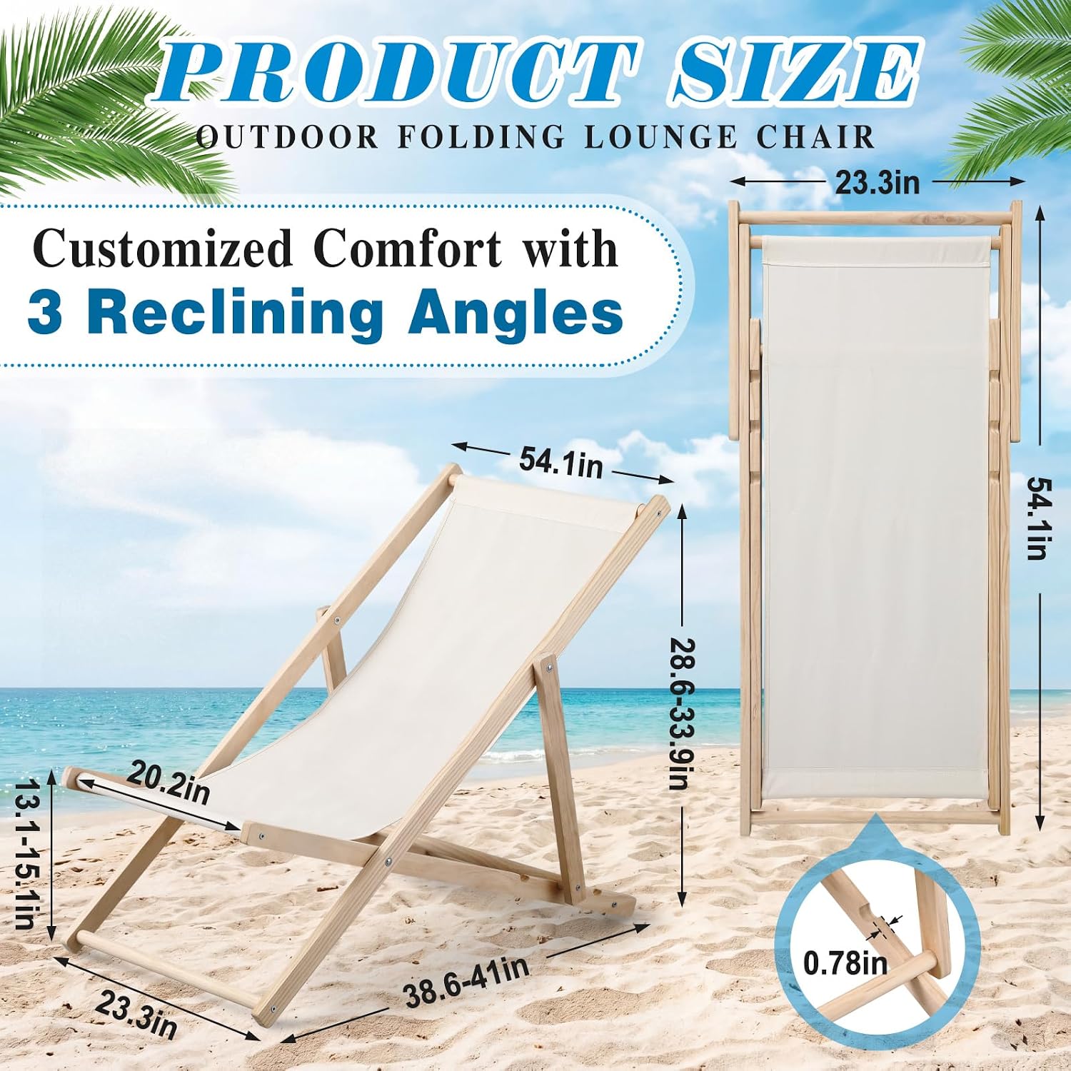 AceOrbit 2 Pcs Outdoor Folding Sling Chair - Solid Pine Wood Frame & Breathable Oxford Fabric - 3-Position Adjustable Portable Lounge Chair for Beach, Patio, and Backyard (Cream White)