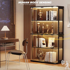 BROTTAR Large Rounded Display Cabinet with Glass Door, 4-Tier Curio Cabinet with 3 Color Lights for Collectibles, Glass Display Case with Transparent Full-Display Surface, Human Body Sensor, Black