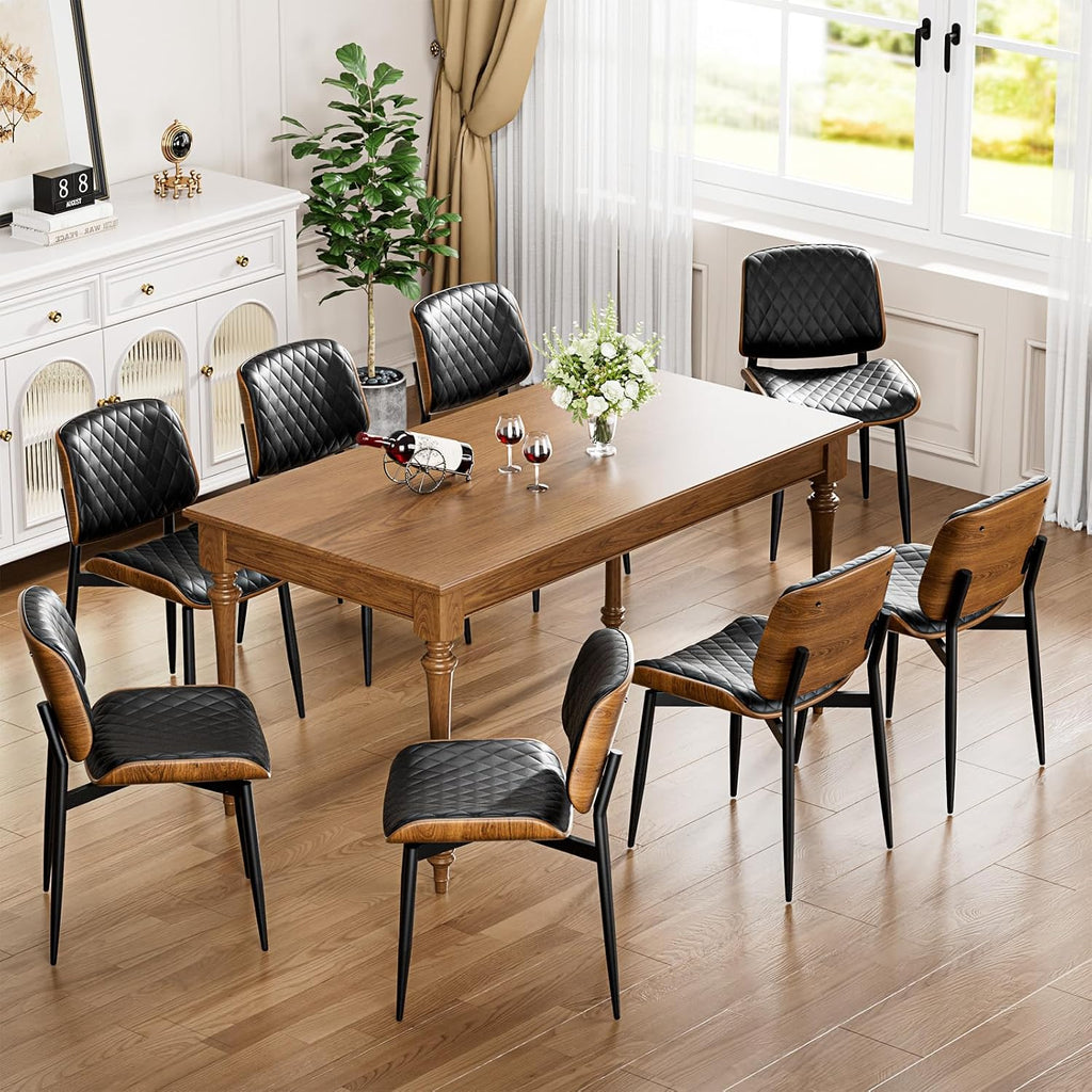 YaFiti Dining Chairs Set of 2, Mid Century Modern Accent Dining Room and Kitchen Chairs, Upholstered PU Leather Diamond Check Chairs with Walnut Bentwood and Metal Legs, Black