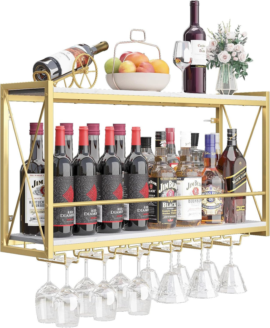 Dokser Wine Rack Wall Mounted Shelf - 2 Tier, Rustic Wood & Industrial Iron Frame Wine Bottle Holder for Kitchen, Dining Room, Home Bar Decor (Gold)