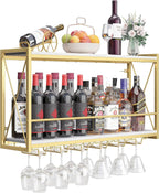 Dokser Wine Rack Wall Mounted Shelf - 2 Tier, Rustic Wood & Industrial Iron Frame Wine Bottle Holder for Kitchen, Dining Room, Home Bar Decor (Gold)