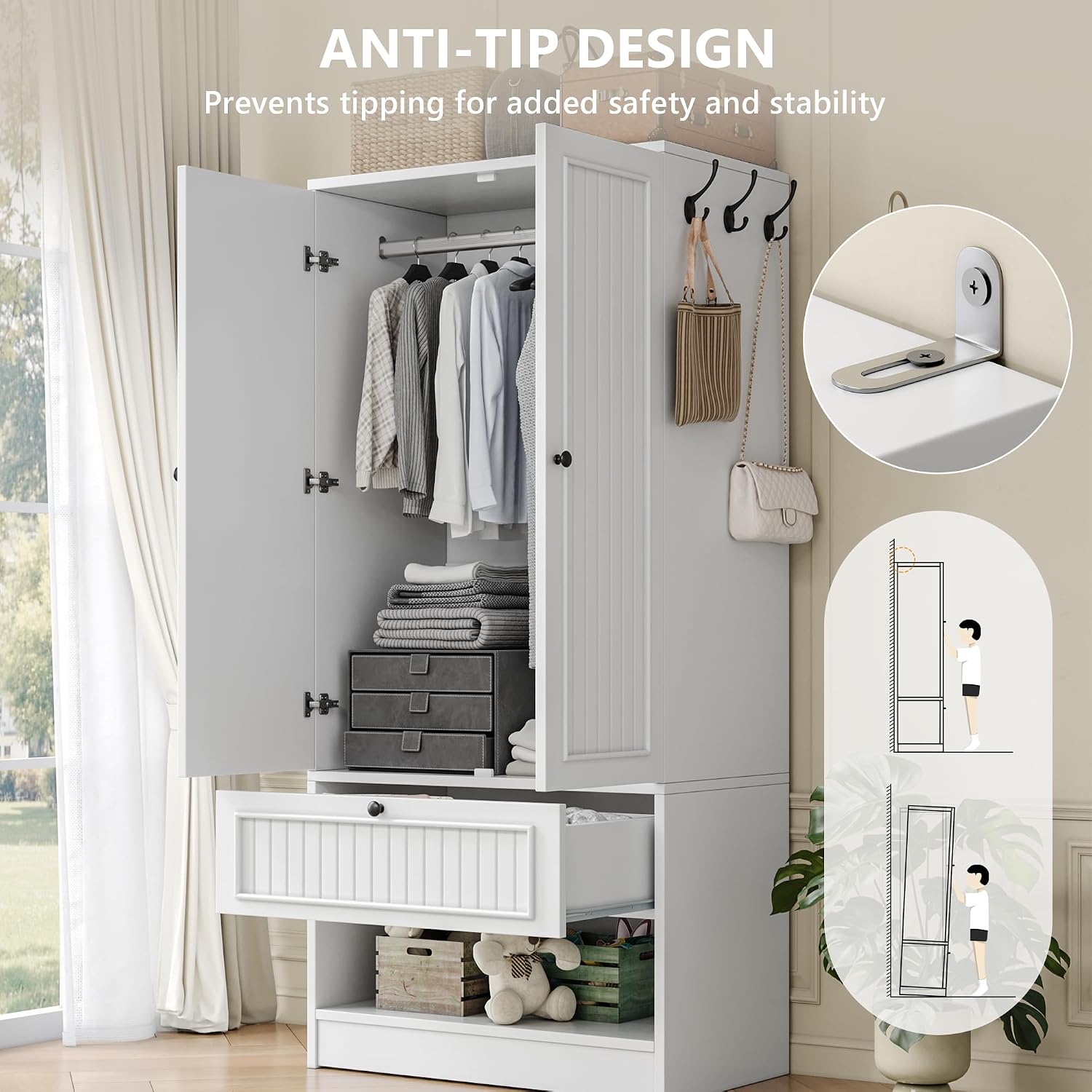 iPormis Wood Armoire Wardrobe Closet with Mirror Door and Drawer, 2 Doors Bedroom Storage Cabinet for Hanging Clothes, White