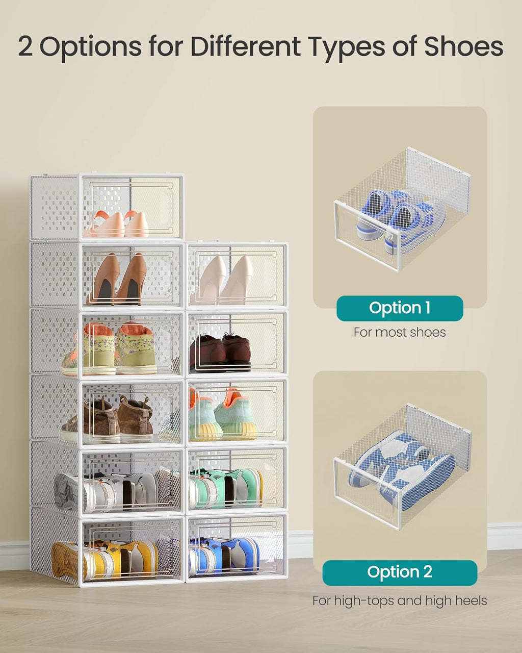 SONGMICS Shoe Boxes, Pack of 12 Shoe Storage Organizers, Stackable Clear Plastic Boxes for Closet, Sneakers, 13.1 x 9.1 x 5.6 Inches, Transparent and White ULSP12SWT