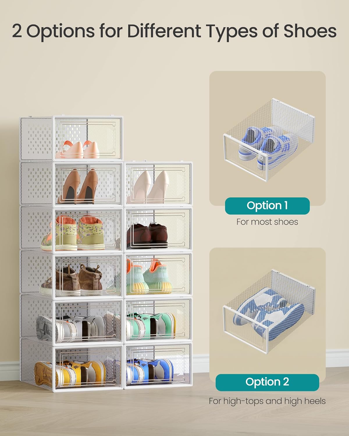 SONGMICS Shoe Boxes, Pack of 12 Shoe Storage Organizers, Stackable Clear Plastic Boxes for Closet, Sneakers, 13.1 x 9.1 x 5.6 Inches, Transparent and White ULSP12SWT