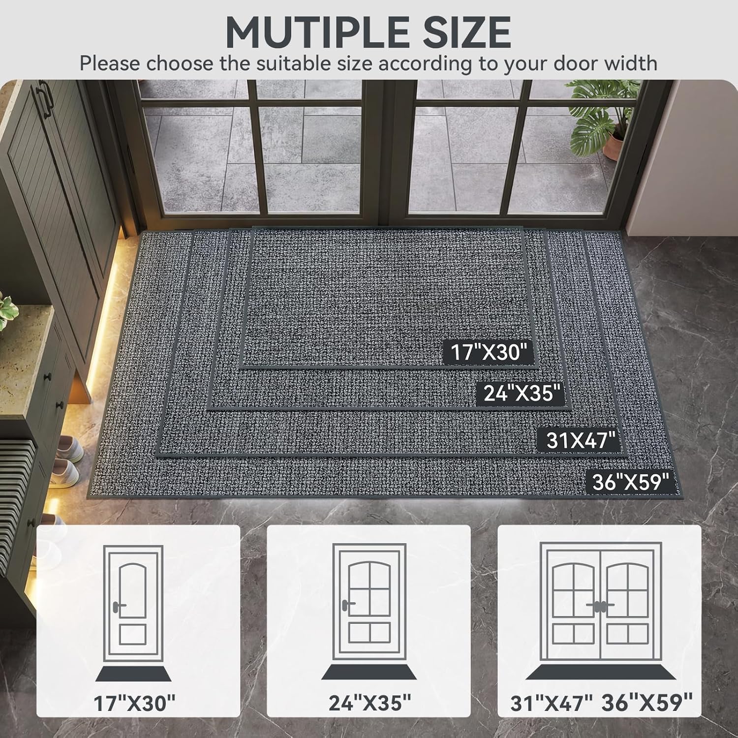 Front Door Mat Indoor Entrance 17"x30", Low-Profile Non Slip Inside Doormat for Entryway, Dirt Resistant Absorbent Front Porch Back Door Welcome Entry Door Mats, Washable Easy Clean, Gray