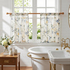 MYSKY HOME Floral Kitchen Curtains 24 Inch Length Linen Tier Curtains Farmhouse Blue Flower Patterned Small Window Treatments Airy Light Filtering Rod Pocket for Bathroom 2 Panels, Each 26" W