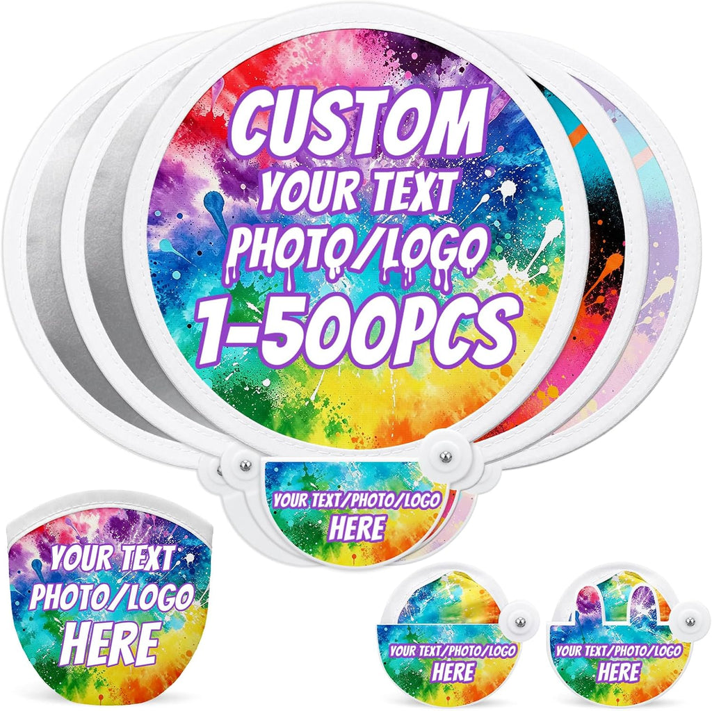Custom Foldable Flying Disc Fans with Storage Pouches Bulk 100Pcs Personalized Round Handheld Fans with Logo/Photo/ Text personalized Portable Pocket Folding Hand Fans for Wedding Favors, Trade Shows