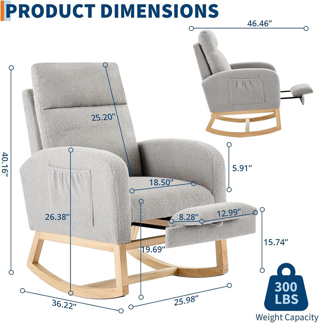Modern Nursery Rocking Chair, Teddy Upholstered Rocking Chair with Footrest, Comfortable Rocker Recliner with Side Pocket, Rocker Glider for Living Room, Bedroom, Nursing Room
