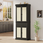 69'' Tall Pantry Cabinet - 4 Rattan Doors, Drawer, and 2 Adjustable Shelves - Freestanding Storage Cupboard for Entryway, Kitchen, Dining Room, Bathroom, or Office,Black