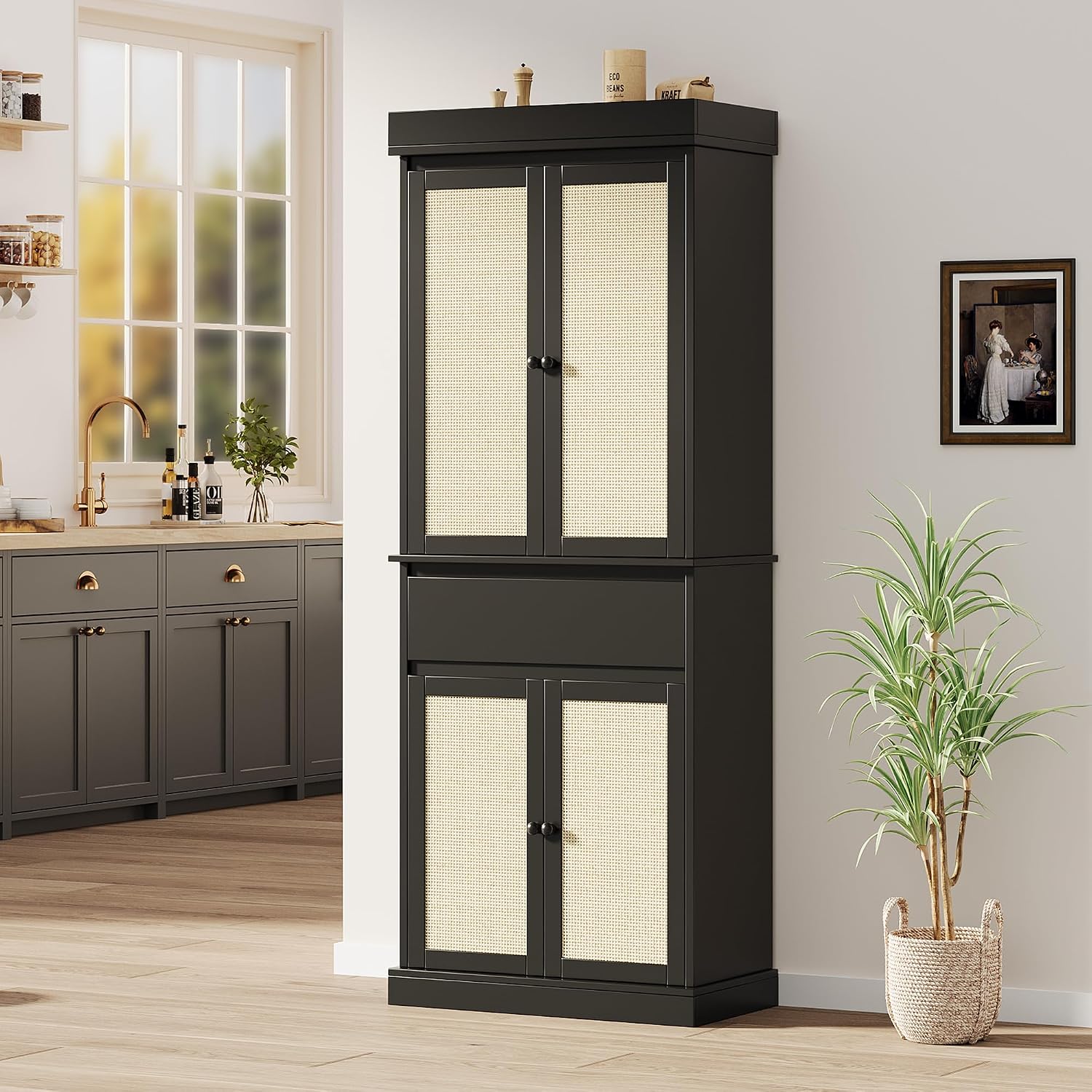 Slim Tall Pantry Cabinet - 4 Rattan Doors, Drawer, and 2 Adjustable Shelves - Freestanding Storage Cupboard for Entryway, Kitchen, Dining Room, Bathroom, or Office,Black
