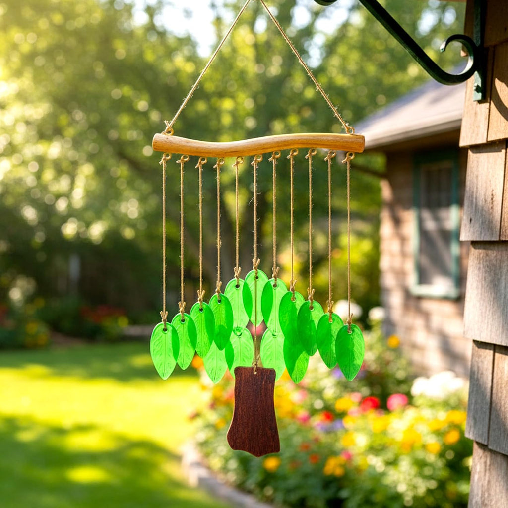 Leaf Shape Glass Wind Chimes for Outside Decoration, Green Tree Windchimes Outdoors Unique, Handcrafted Suncatcher Glass Art Wind Chimes for Women, Hanging Outdoor Christmas Decor
